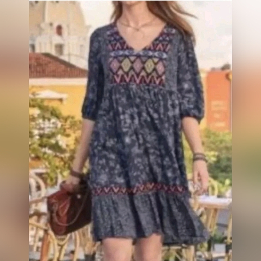 Sundance Tiered Dress Size M Bohemian Floral Aztec Embroidered